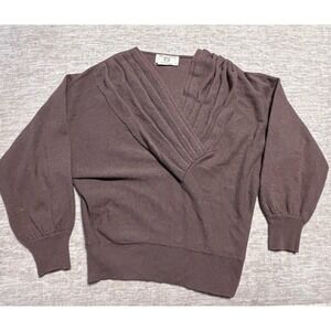 Vintage Anne Klein Knitwear Lambswool Angora Blend Sweater Brown Pleated‎ V-Neck